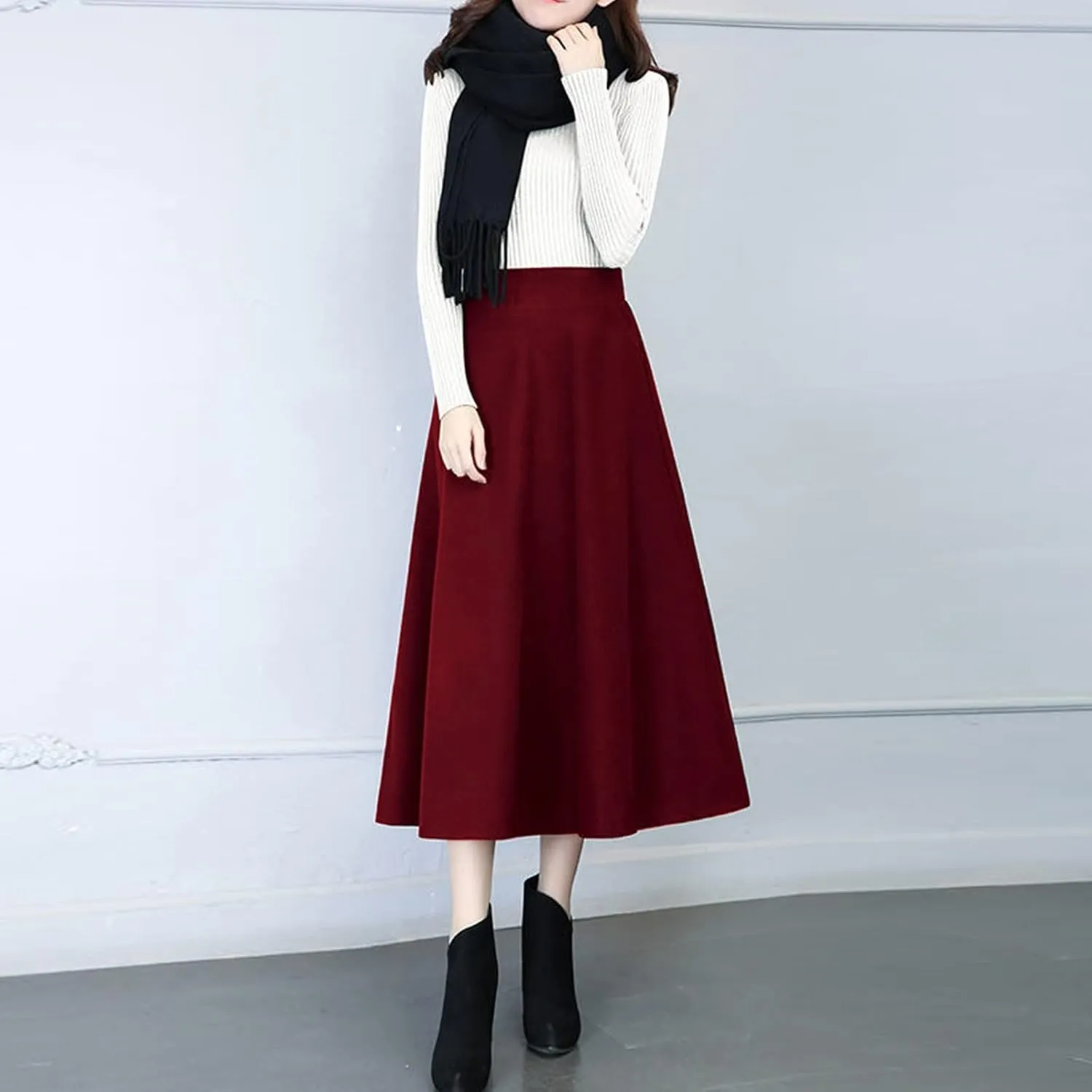 Long Skirts Womens Winter Vintage High Elastic Waist A Line Pleated Wool Midi Skirt Lady Elegant Skirts for Women