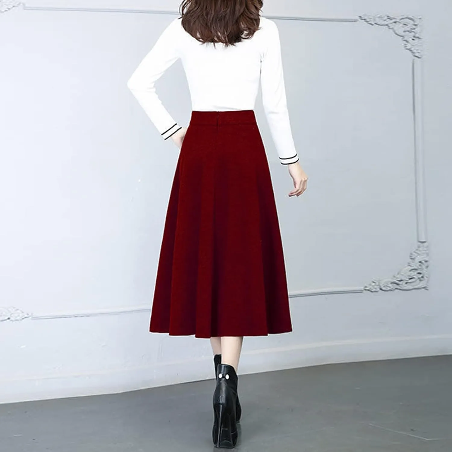 Long Skirts Womens Winter Vintage High Elastic Waist A Line Pleated Wool Midi Skirt Lady Elegant Skirts for Women