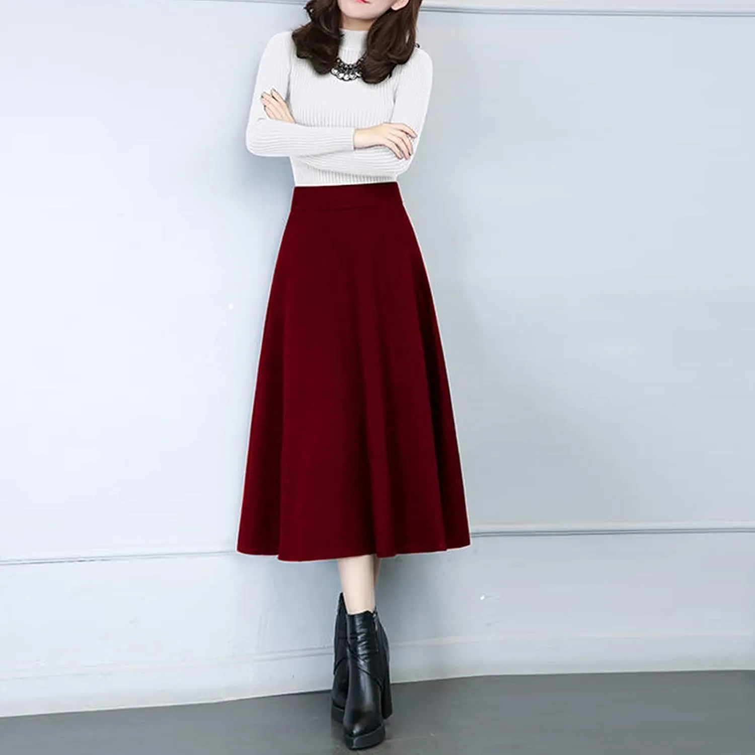 Long Skirts Womens Winter Vintage High Elastic Waist A Line Pleated Wool Midi Skirt Lady Elegant Skirts for Women