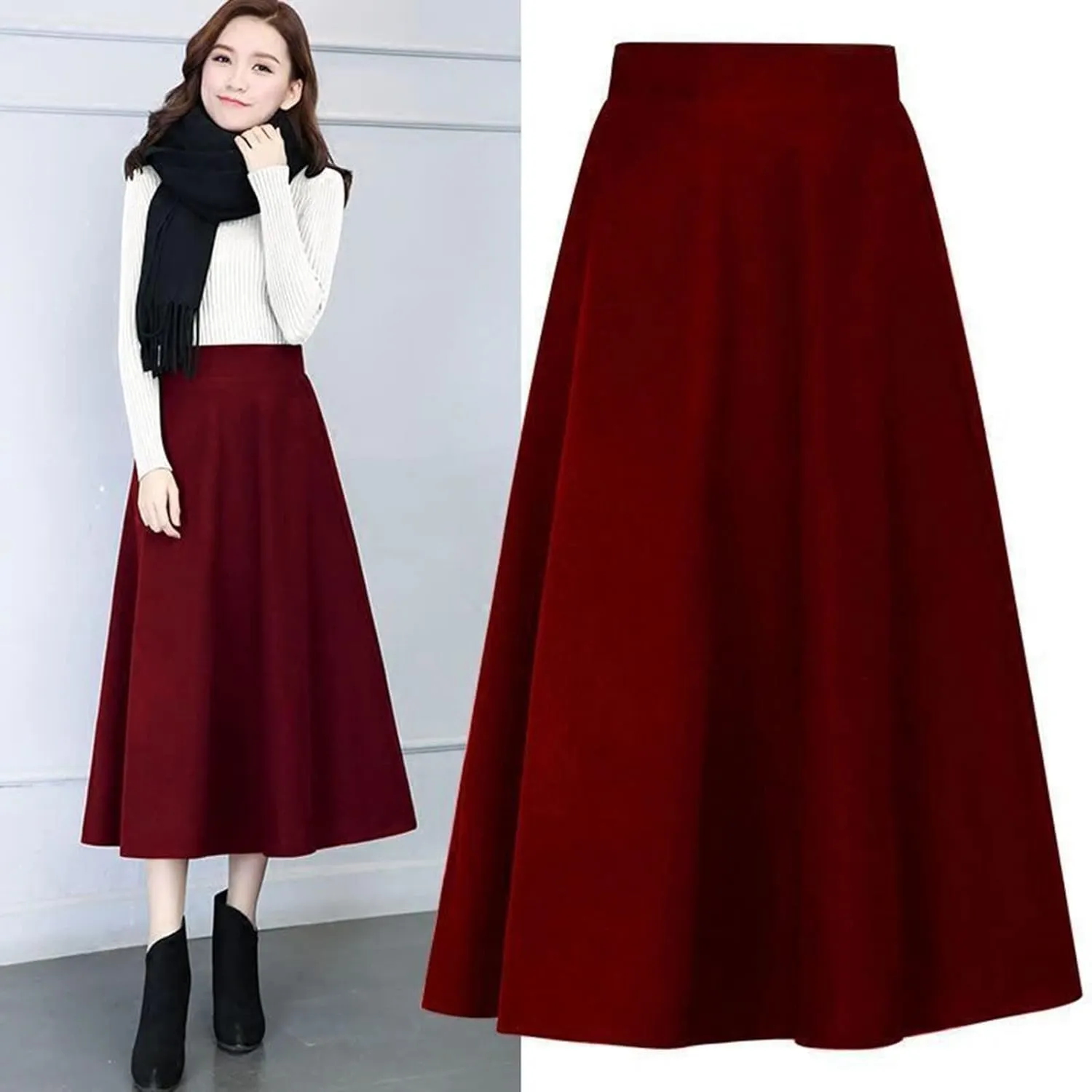 Long Skirts Womens Winter Vintage High Elastic Waist A Line Pleated Wool Midi Skirt Lady Elegant Skirts for Women