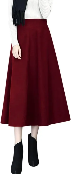 Long Skirts Womens Winter Vintage High Elastic Waist A Line Pleated Wool Midi Skirt Lady Elegant Skirts for Women