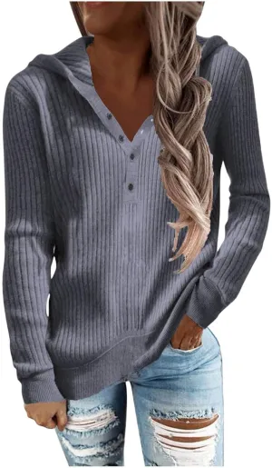 Long Sleeve Going Out Tops for Women Solid Button Hoodies Casual Comfy Fitted Sweat Shirts with Pockets