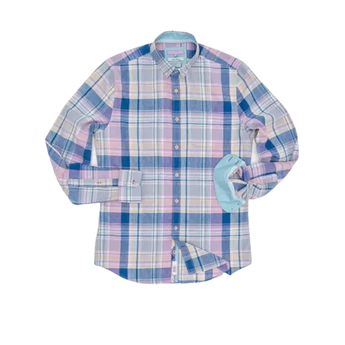 Long Sleeve Linen Blend Shirt - Beach Check - Purple