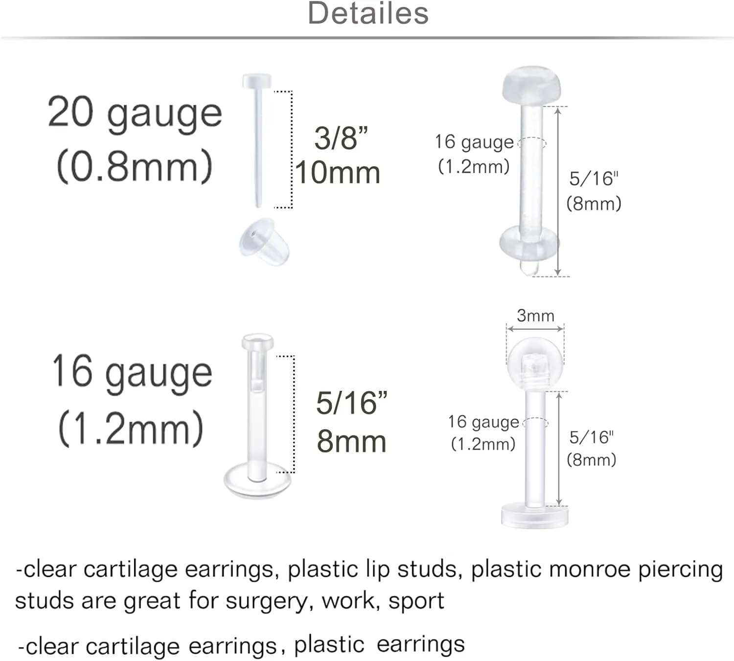 Longita Clear Nose Studs Clear Nose Rings for Work Clear Nose Piercing Plastics Nose Retainer for Surgery Nose Ring Spacers Nose Rings Retainer Septum Retainer Clear Lip Rings Plastic Earrings Studs