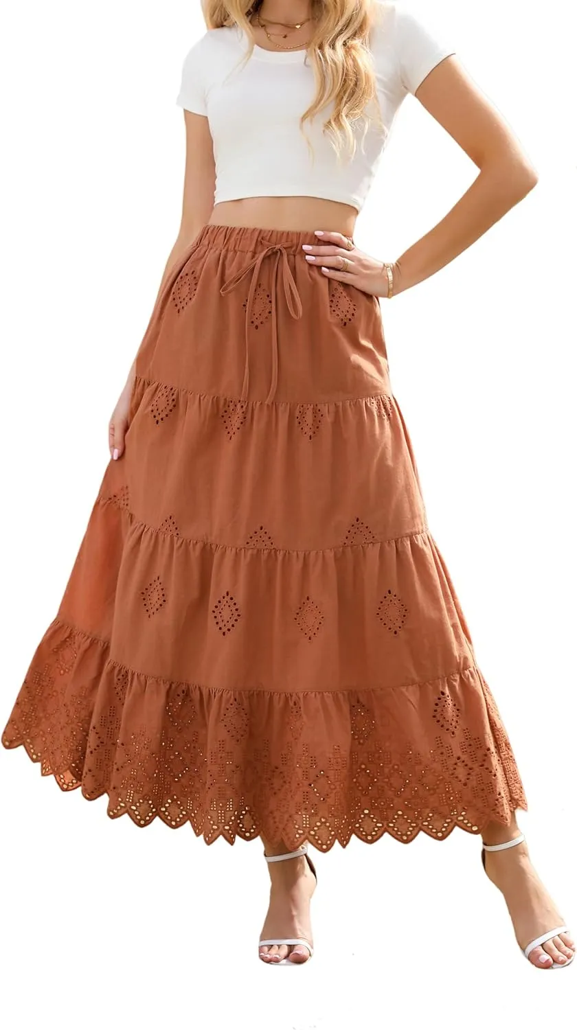 Love Welove Fashion Womens Summer Boho Cotton Embroidered Tiered Maxi Skirt Elastic High Waist A-Line Long Beach Dress