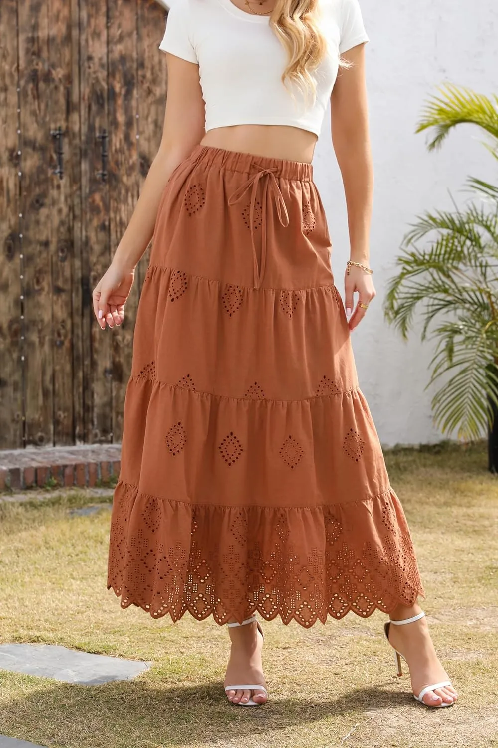 Love Welove Fashion Womens Summer Boho Cotton Embroidered Tiered Maxi Skirt Elastic High Waist A-Line Long Beach Dress