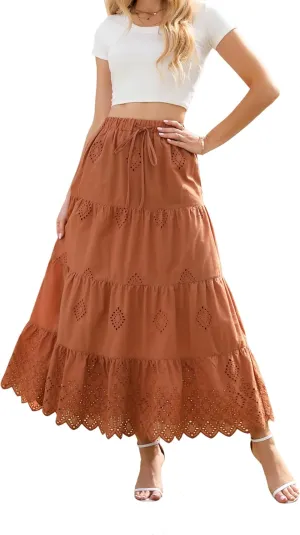Love Welove Fashion Womens Summer Boho Cotton Embroidered Tiered Maxi Skirt Elastic High Waist A-Line Long Beach Dress