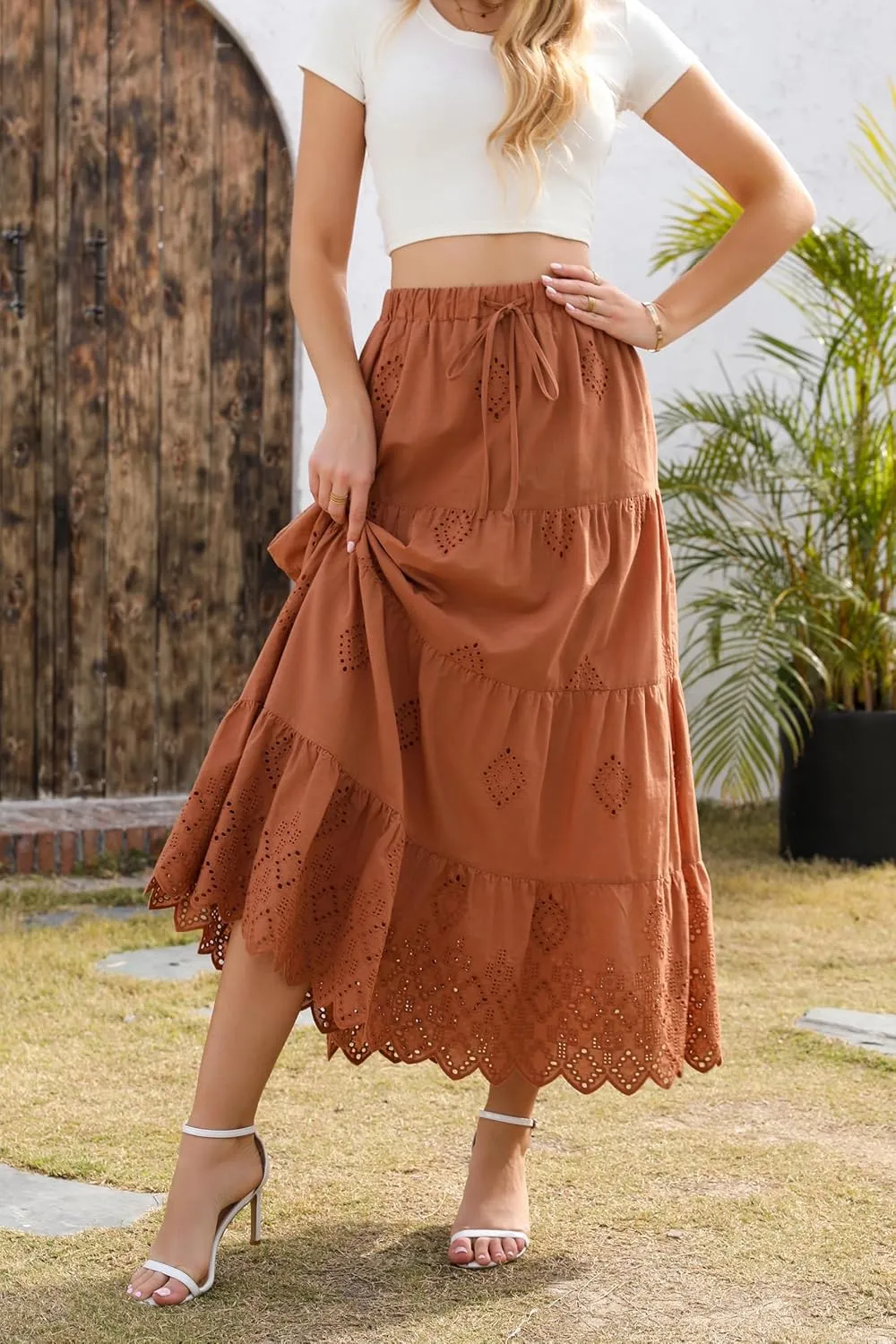 Love Welove Fashion Womens Summer Boho Cotton Embroidered Tiered Maxi Skirt Elastic High Waist A-Line Long Beach Dress