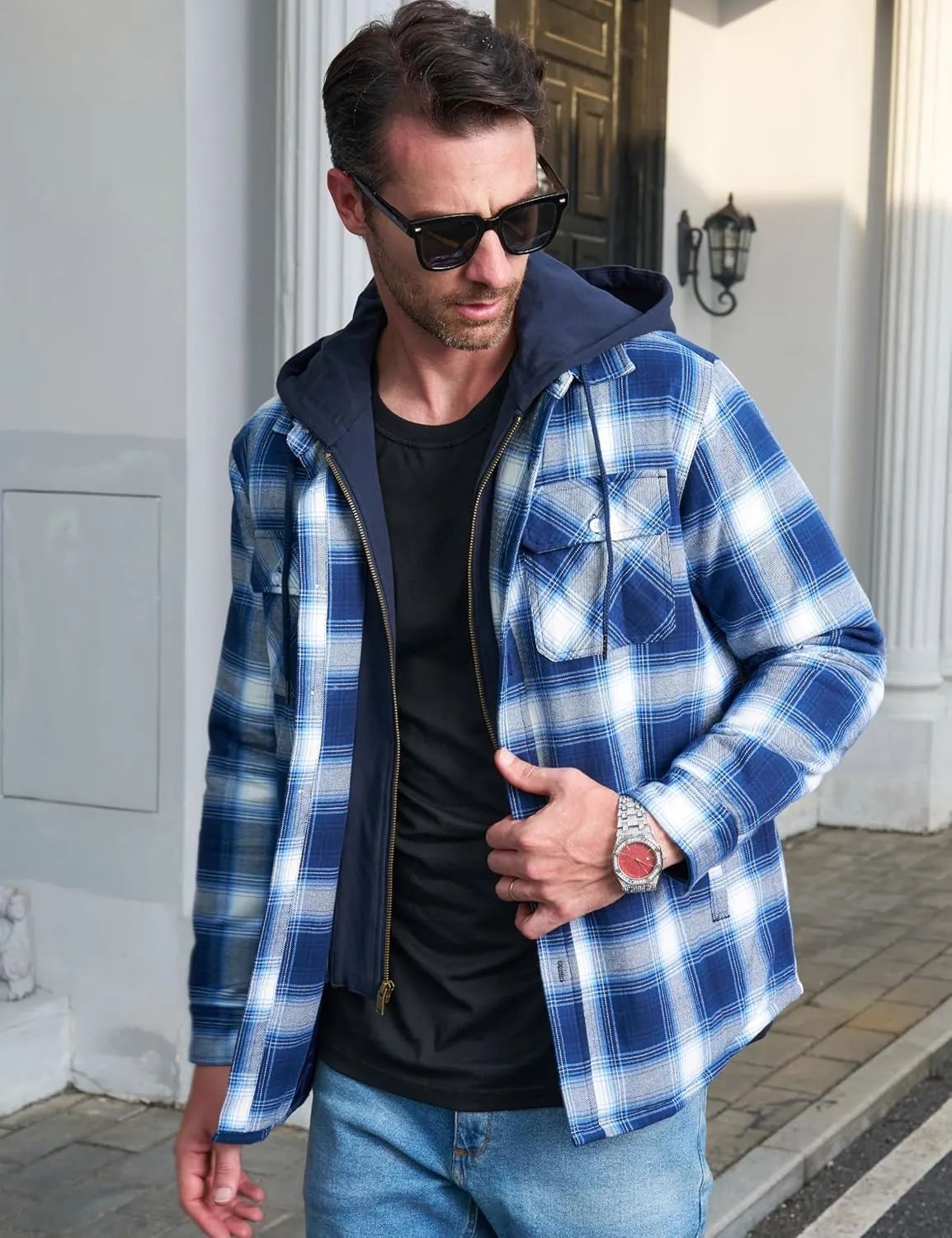 MAGCOMSEN Men's Flannel Jacket with Removable Hood 5 Pockets Quilted Plaid Shirt Jackets Winter Coats Thick Flannel Hoodie