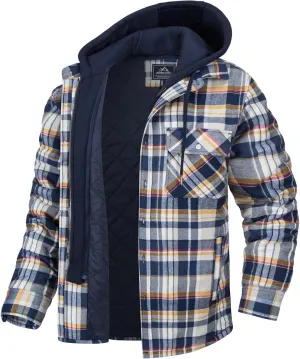 MAGCOMSEN Men's Flannel Jacket with Removable Hood 5 Pockets Quilted Plaid Shirt Jackets Winter Coats Thick Flannel Hoodie