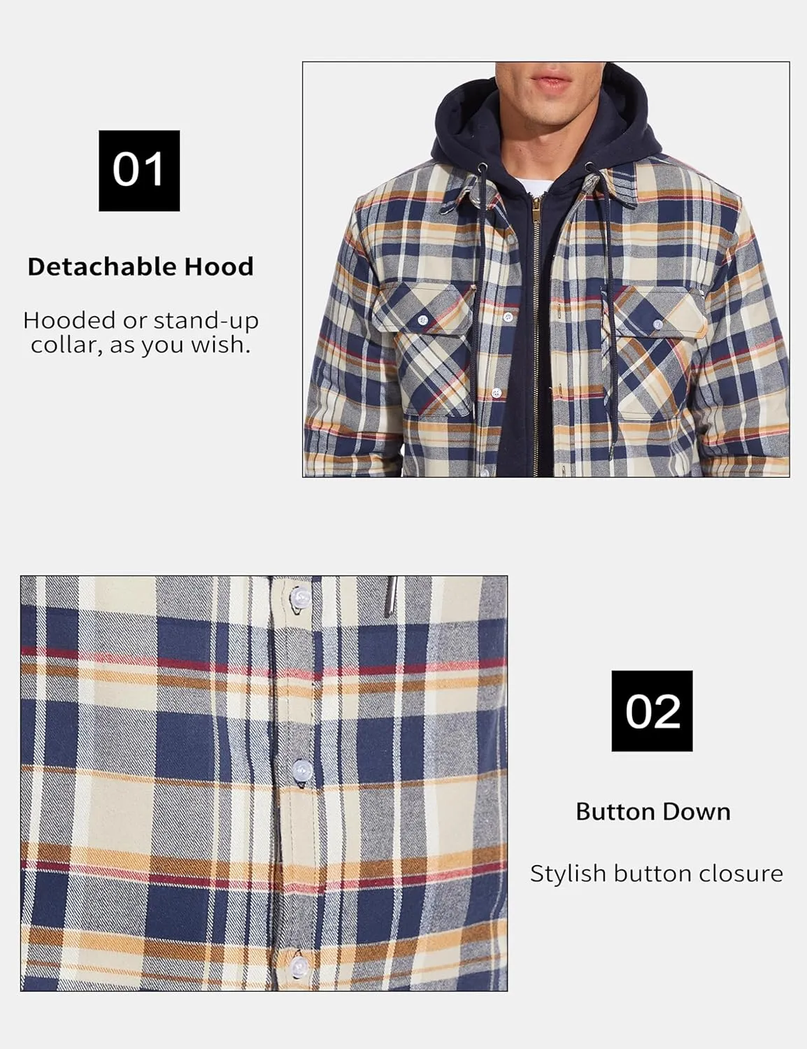 MAGCOMSEN Men's Flannel Jacket with Removable Hood 5 Pockets Quilted Plaid Shirt Jackets Winter Coats Thick Flannel Hoodie