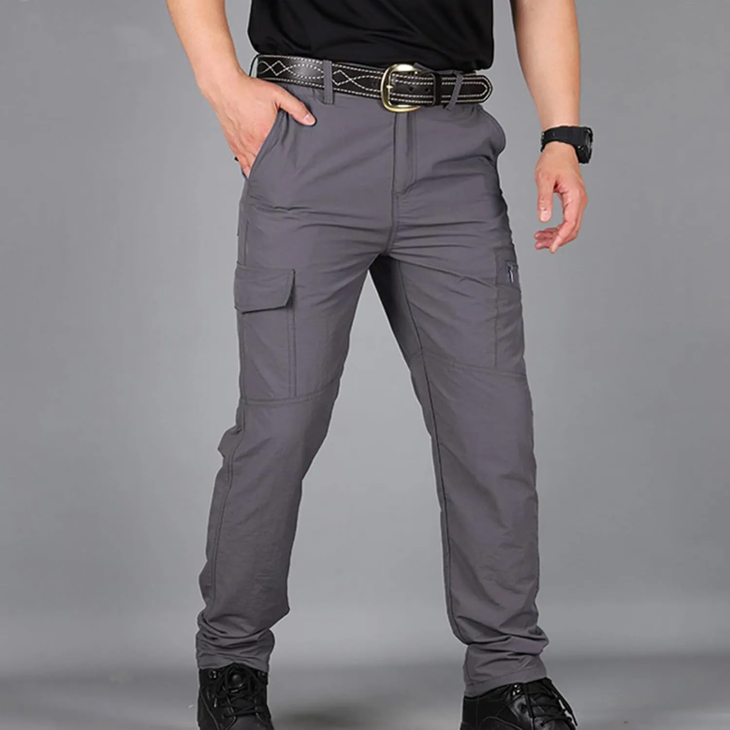 Men Cargo Work Trousers Combat Pants Quick Dry Waterproof Bottoms Elastic Waist Sweatpants Solid Color Outdoor Pant