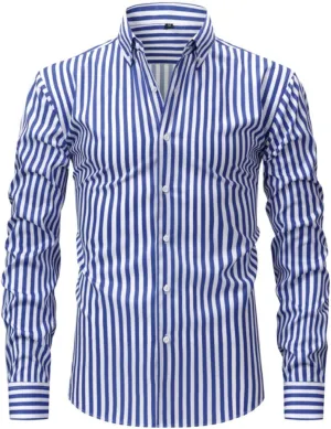 Men Summer Striped Color Block Shirts Dressy Casual Lapel Collar Button Down Shirt Work Top for Beach Wedding Vacation