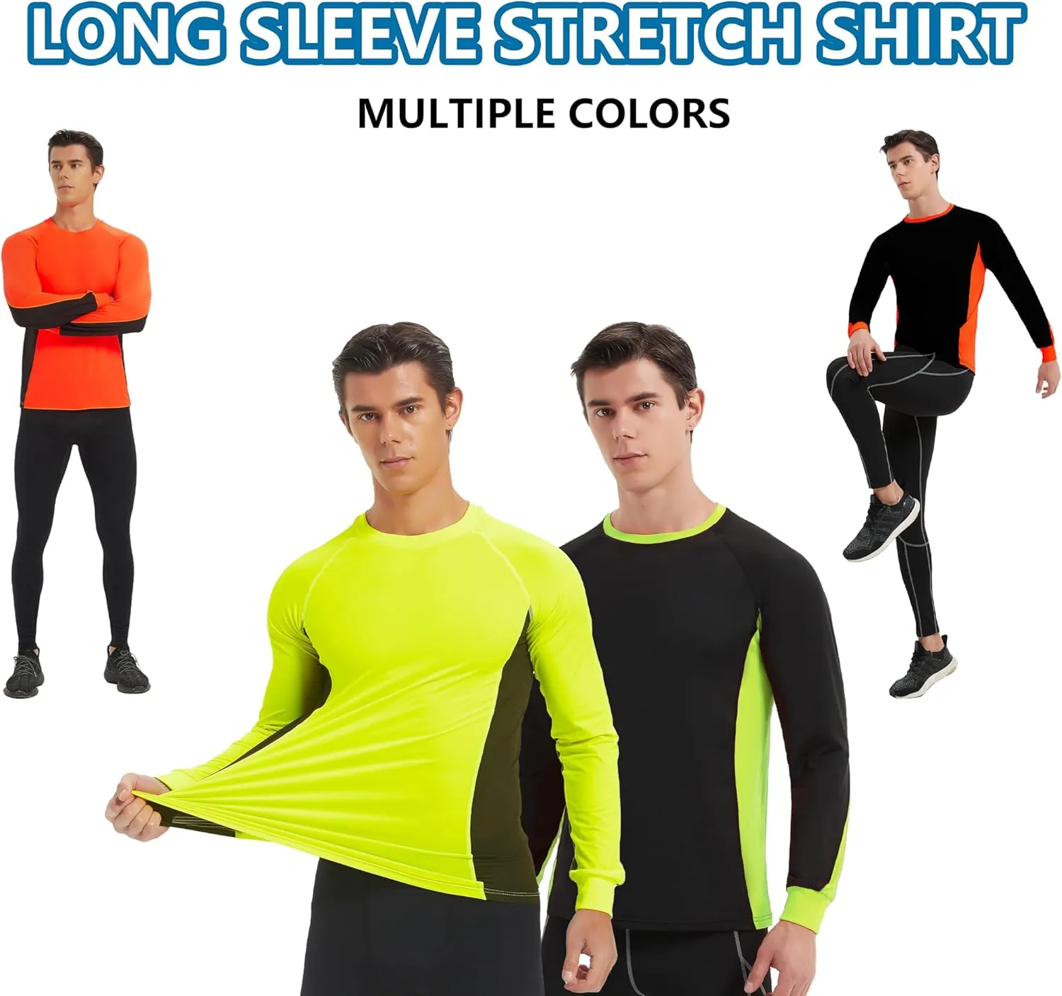 Men's 2-Tone Side Blocked Long Sleeve Crew Neck Slim Fit Active Stretch Shirt