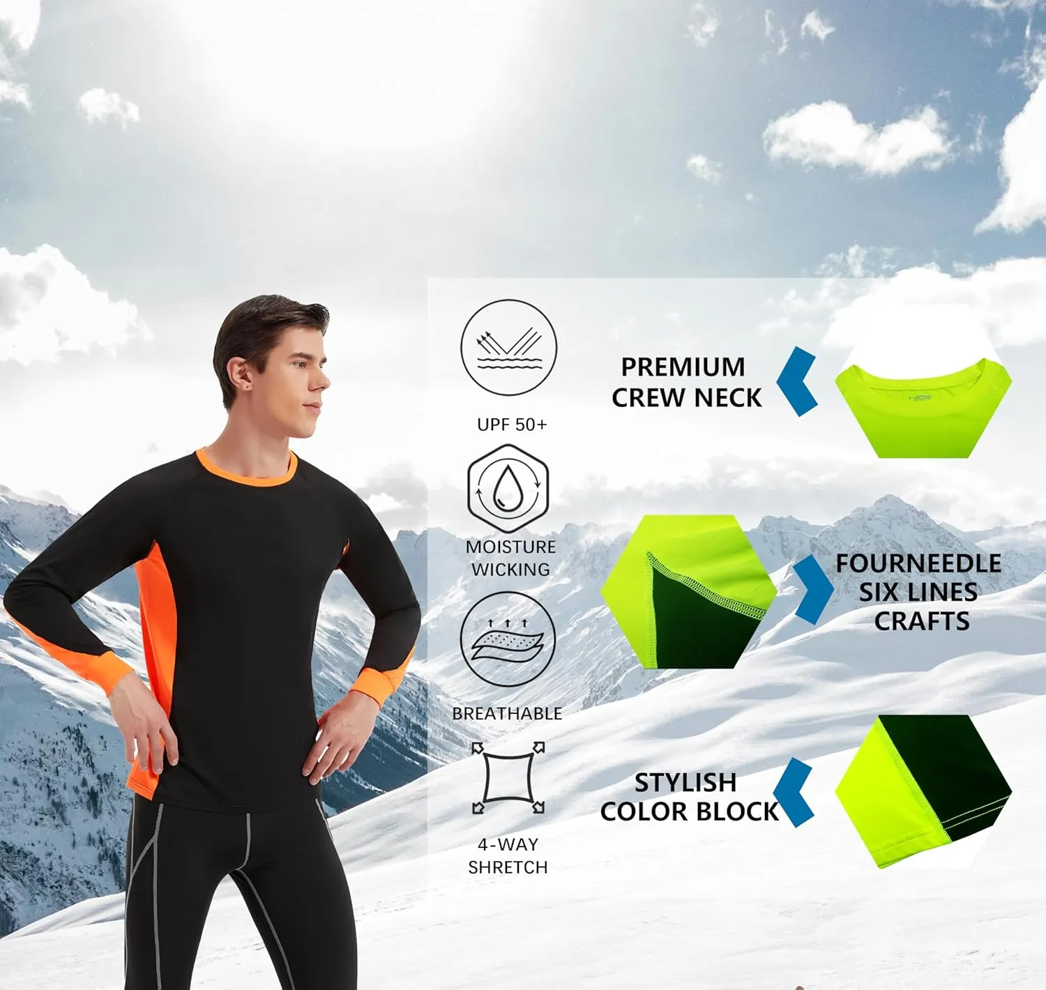 Men's 2-Tone Side Blocked Long Sleeve Crew Neck Slim Fit Active Stretch Shirt
