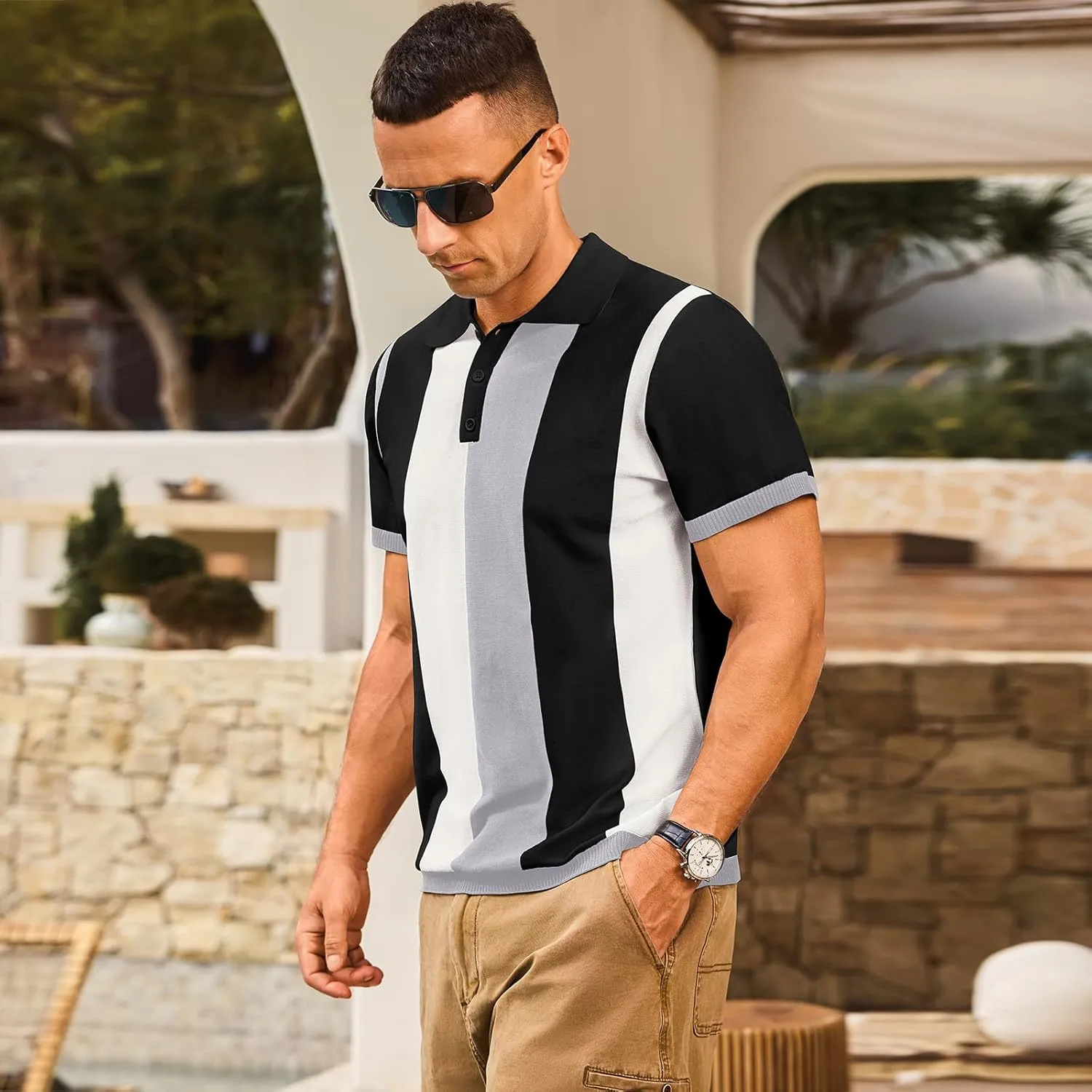 Men's Casual Polo Shirts Vintage Striped Knitting Button Down Shirts Golf Collared Shirts