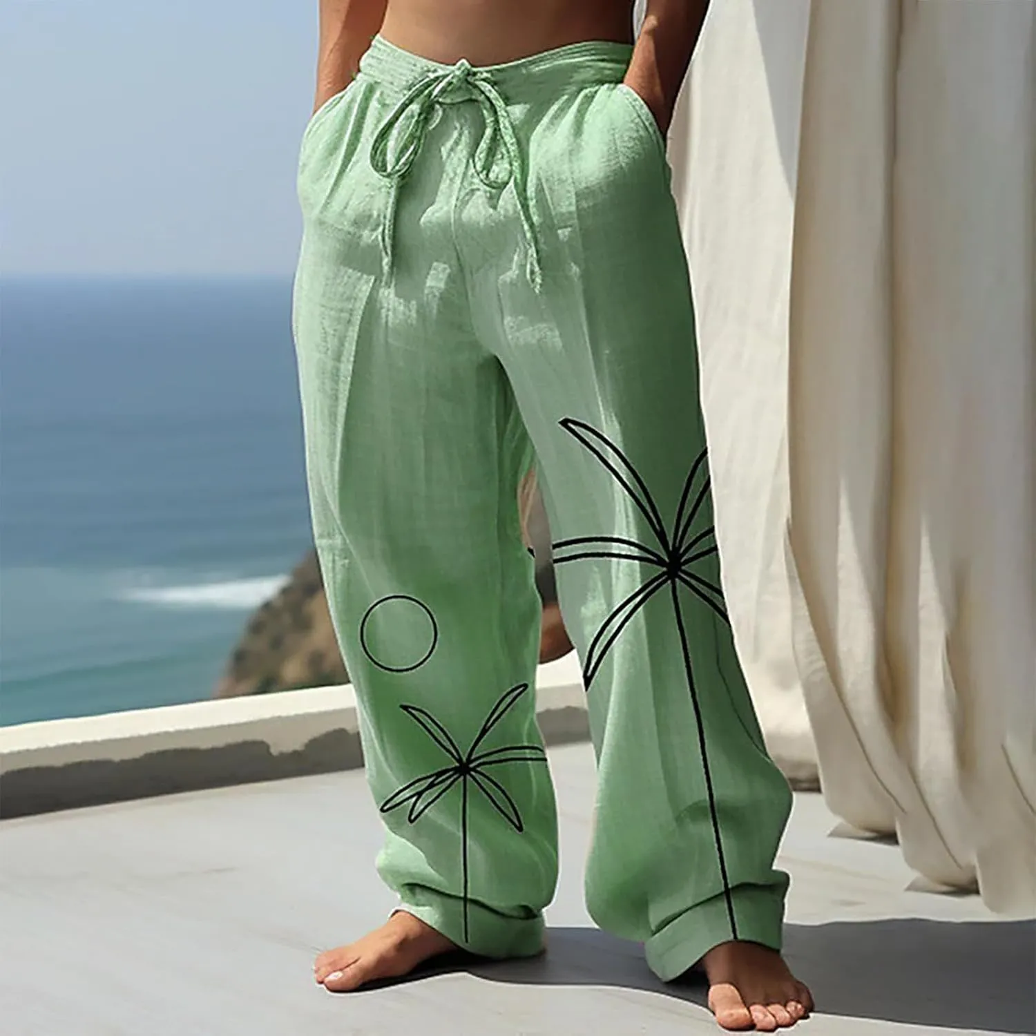 Mens Cotton Linen Drawstring Harem Pants Lightweight Loose Fit Wide Leg Hawaiian Jogger Yoga Beach Long Trousers