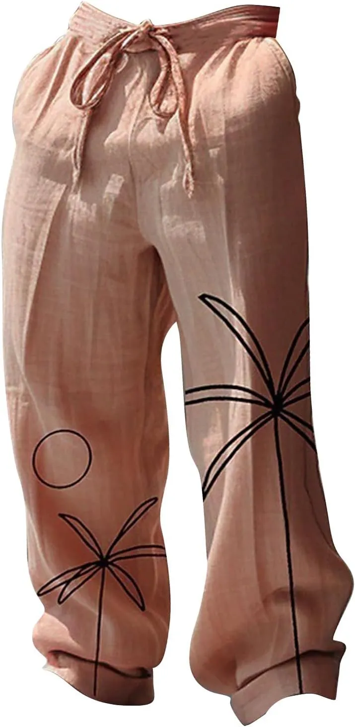 Mens Cotton Linen Drawstring Harem Pants Lightweight Loose Fit Wide Leg Hawaiian Jogger Yoga Beach Long Trousers