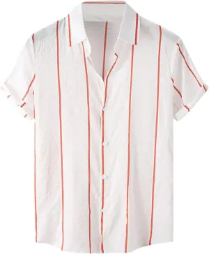 Men's Cotton Linen Shirts Striped Short Sleeve Lapel Shirts Casual Loose Fit Shirts 2025 Summer Beach Shirts Trendy
