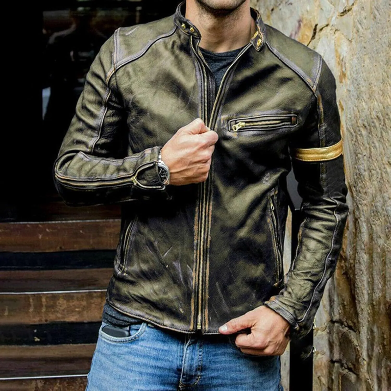 Mens Distressed PU Leather Bomber Jackets Vintage Stand Collar Zip-Up Motorcycle Jackets Steampunk Biker Outwear Coat