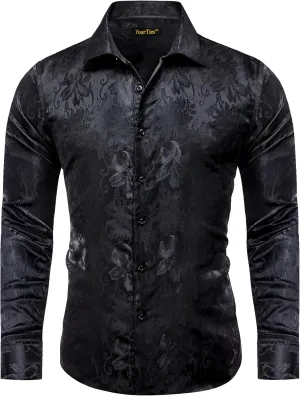 Mens Dress Shirt Silk Long Sleeve Button Up Shirts Retro Floral Tuxedo Shirts for Wedding Party Events