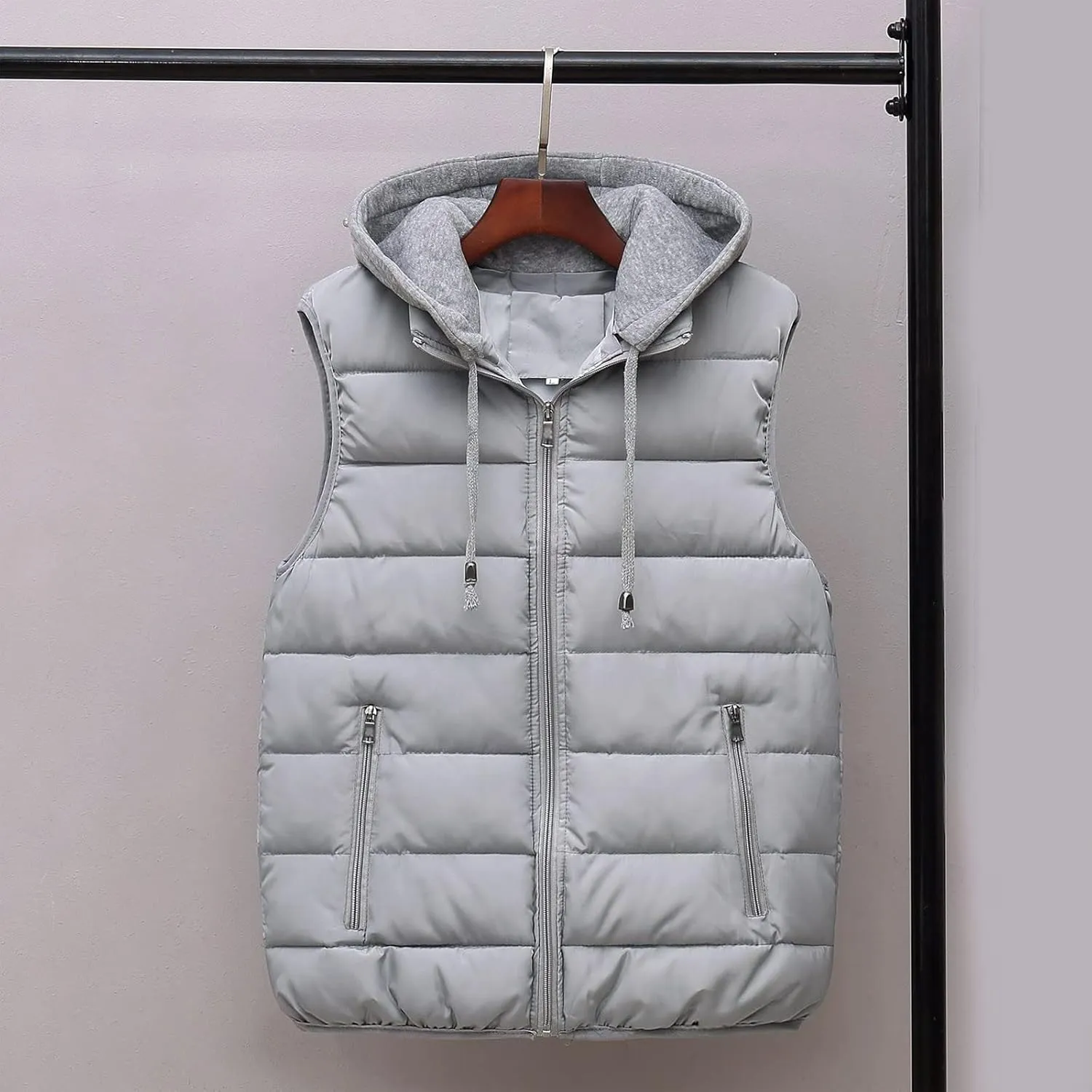 Men's Fall Winter Vests Outerwear Removable Hooded Padded Puffer Vest Casual Sleeveless Jacket with Zip Pockets