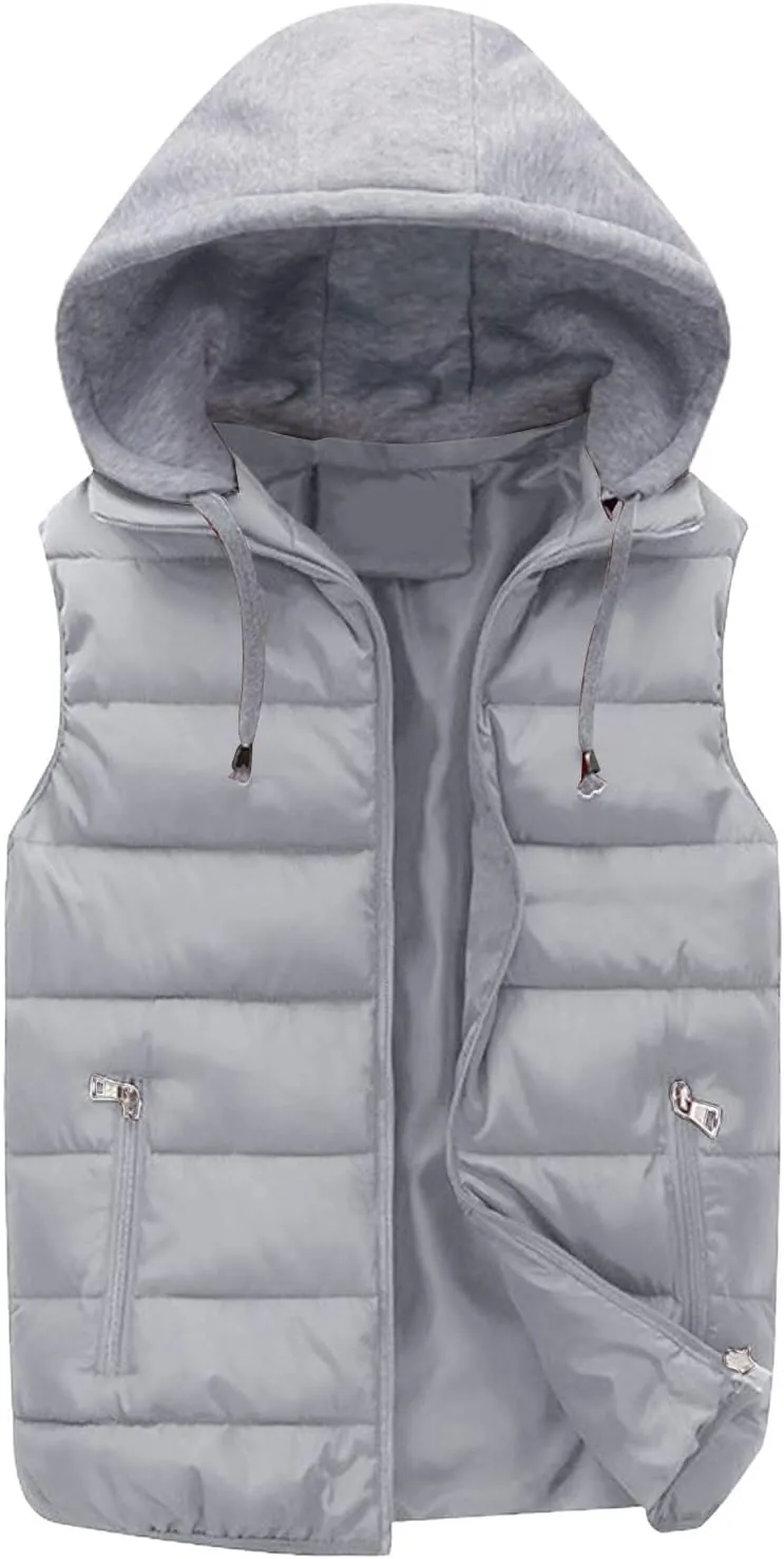 Men's Fall Winter Vests Outerwear Removable Hooded Padded Puffer Vest Casual Sleeveless Jacket with Zip Pockets