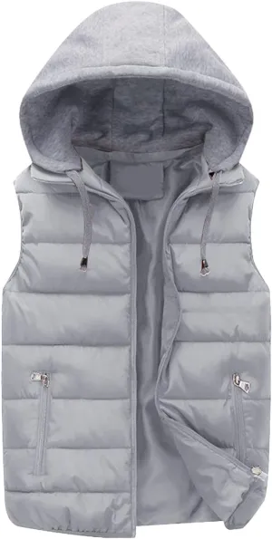 Men's Fall Winter Vests Outerwear Removable Hooded Padded Puffer Vest Casual Sleeveless Jacket with Zip Pockets