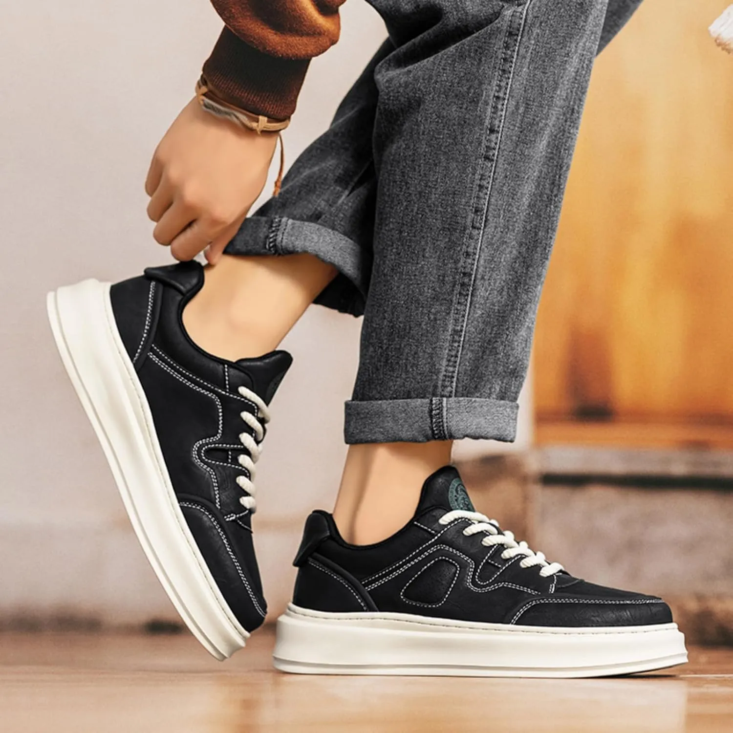 Mens Fashion Lace-Up Platform Sneakers Round Toe Low-Top Non Slip Casual Chunky Shoes for Gym Sports Tennis Jogging Running Walking