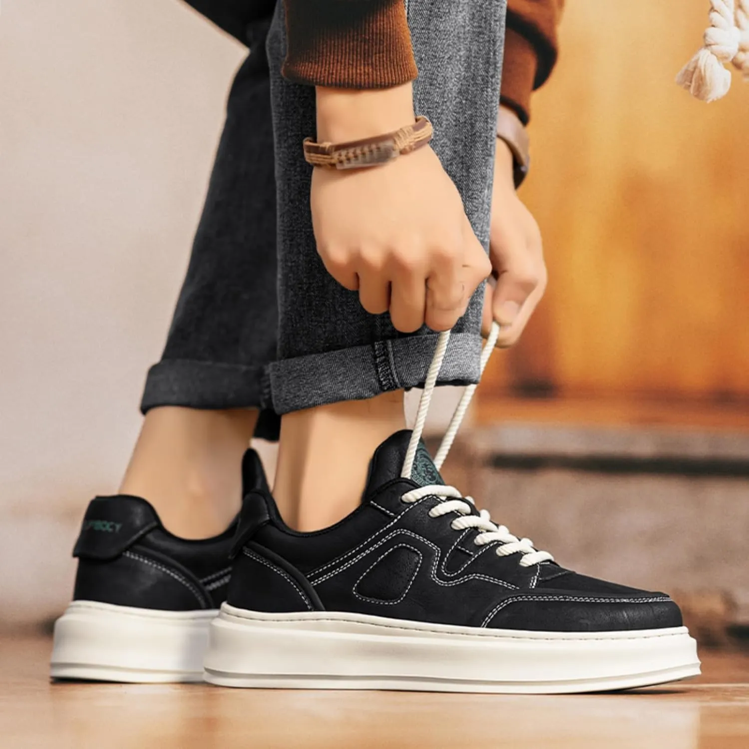 Mens Fashion Lace-Up Platform Sneakers Round Toe Low-Top Non Slip Casual Chunky Shoes for Gym Sports Tennis Jogging Running Walking