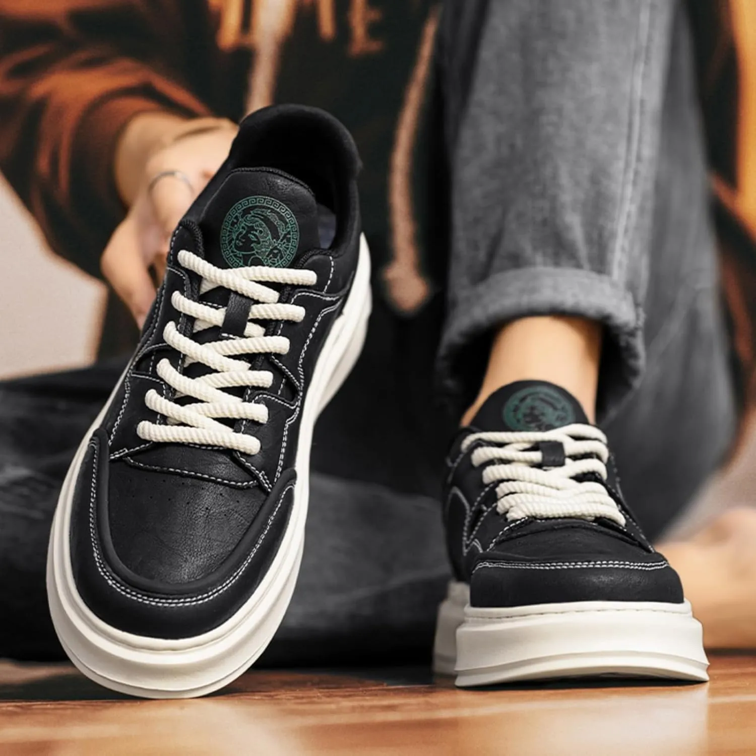Mens Fashion Lace-Up Platform Sneakers Round Toe Low-Top Non Slip Casual Chunky Shoes for Gym Sports Tennis Jogging Running Walking