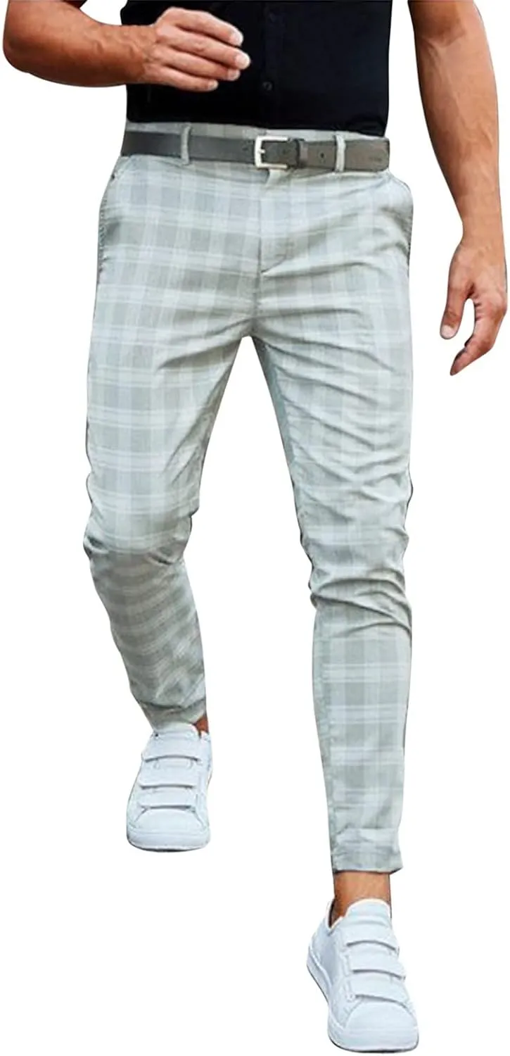 Men's Fashion Stretch Dress Pants Chinos Slim Fit Plaid Pants Business Suit Pants Casual Golf Stretch Dress Pants