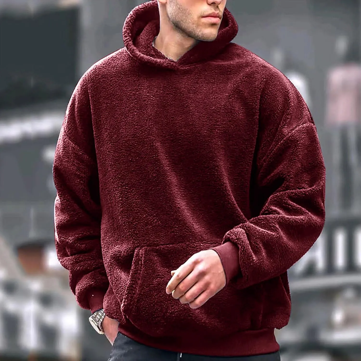 Mens Fuzzy Sherpa Hoodie Plus Size Pullover Fleece Sweatshirts Cozy Soft Thick Warm Winter Fluffy Outerwear