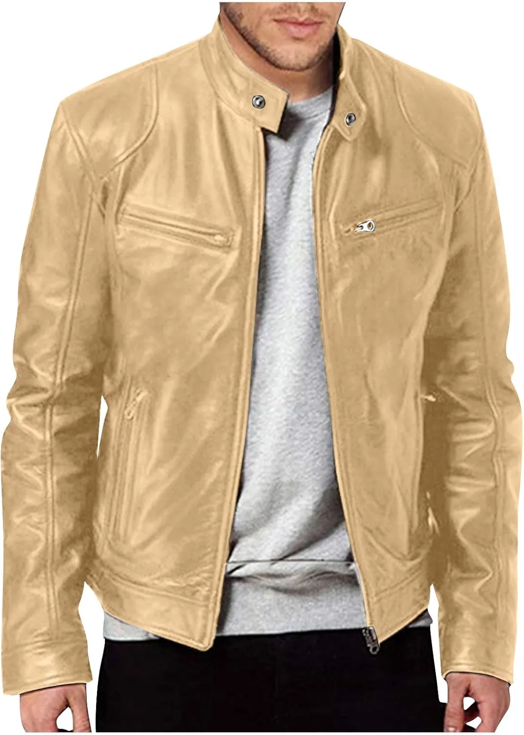 Mens Leather Jacket Fashion Men Autumn Winter Warm Casual Leather Zipper Long Sleeve Jacket Coat