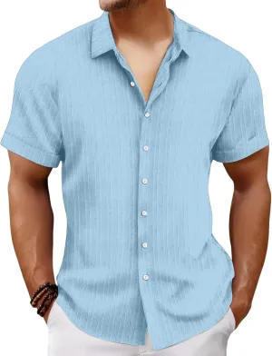 Mens Linen Button-Down Shirts Casual Loose Striped Jacquard Long Sleeve Beach Shirt