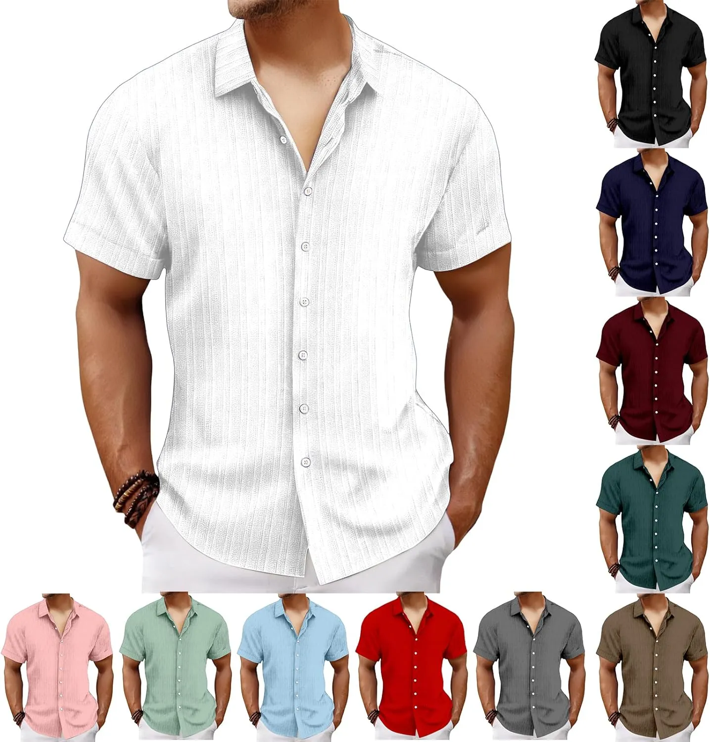 Mens Linen Button-Down Shirts Casual Loose Striped Jacquard Long Sleeve Beach Shirt