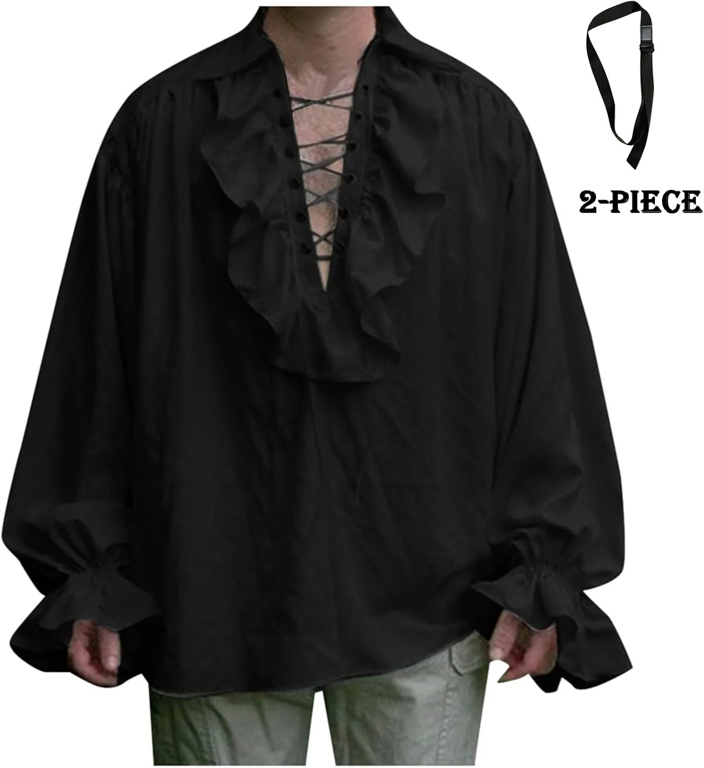 Mens Medieval Pirate Shirts, Steampunk Retro Renaissance Viking Long Sleeve Lace Up Mercenary Halloween Tops