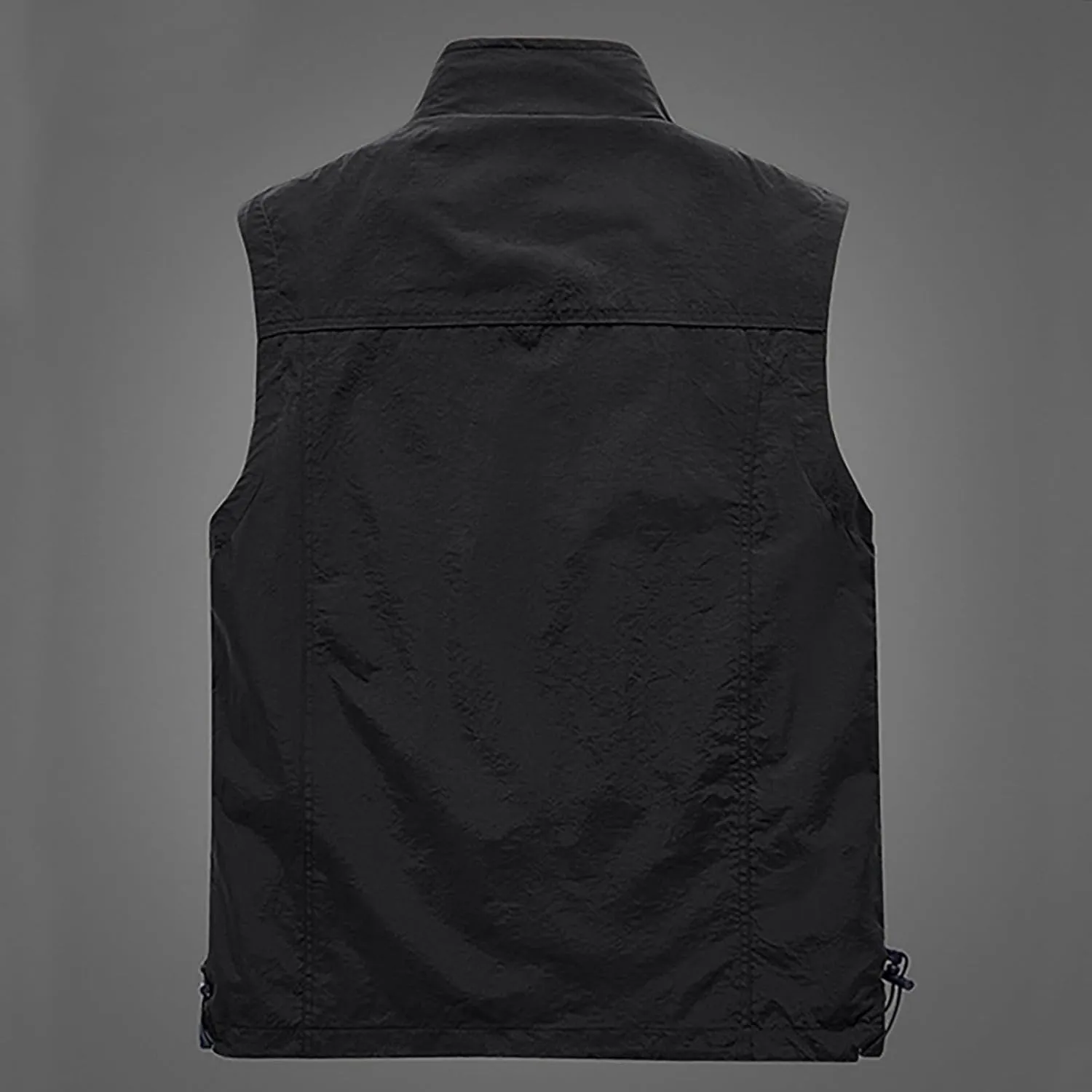 Mens Outdoor Hiking Vest Lightweight Windbreaker Vest Sleeveless Cargo Vest Loose Waistcoat with Zipper Pockets