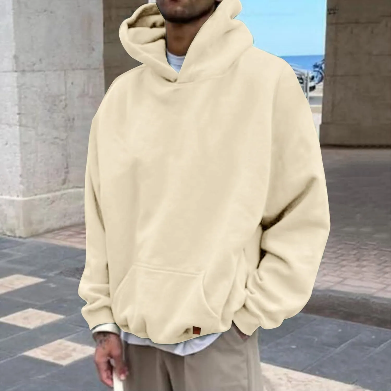 Mens Oversized Hoodies Pullover Solid Vintage Long Sleeve Sweatshirt Heavyweight Baggy Streetwear Top Athletic