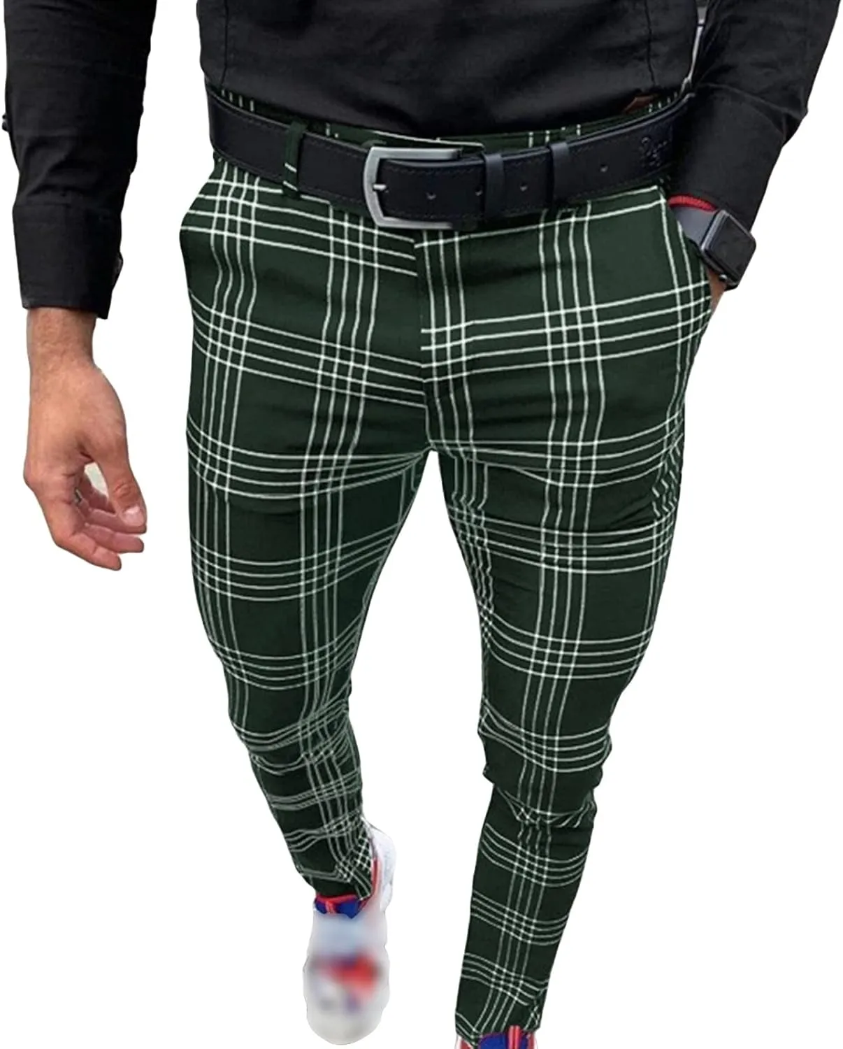 Men's Plaid Print Casual Pants Trousers Stretch Tapered Pants with Pocket Slim Fit Chinos Pants Dress Pants