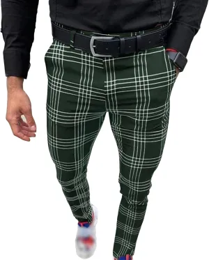Men's Plaid Print Casual Pants Trousers Stretch Tapered Pants with Pocket Slim Fit Chinos Pants Dress Pants