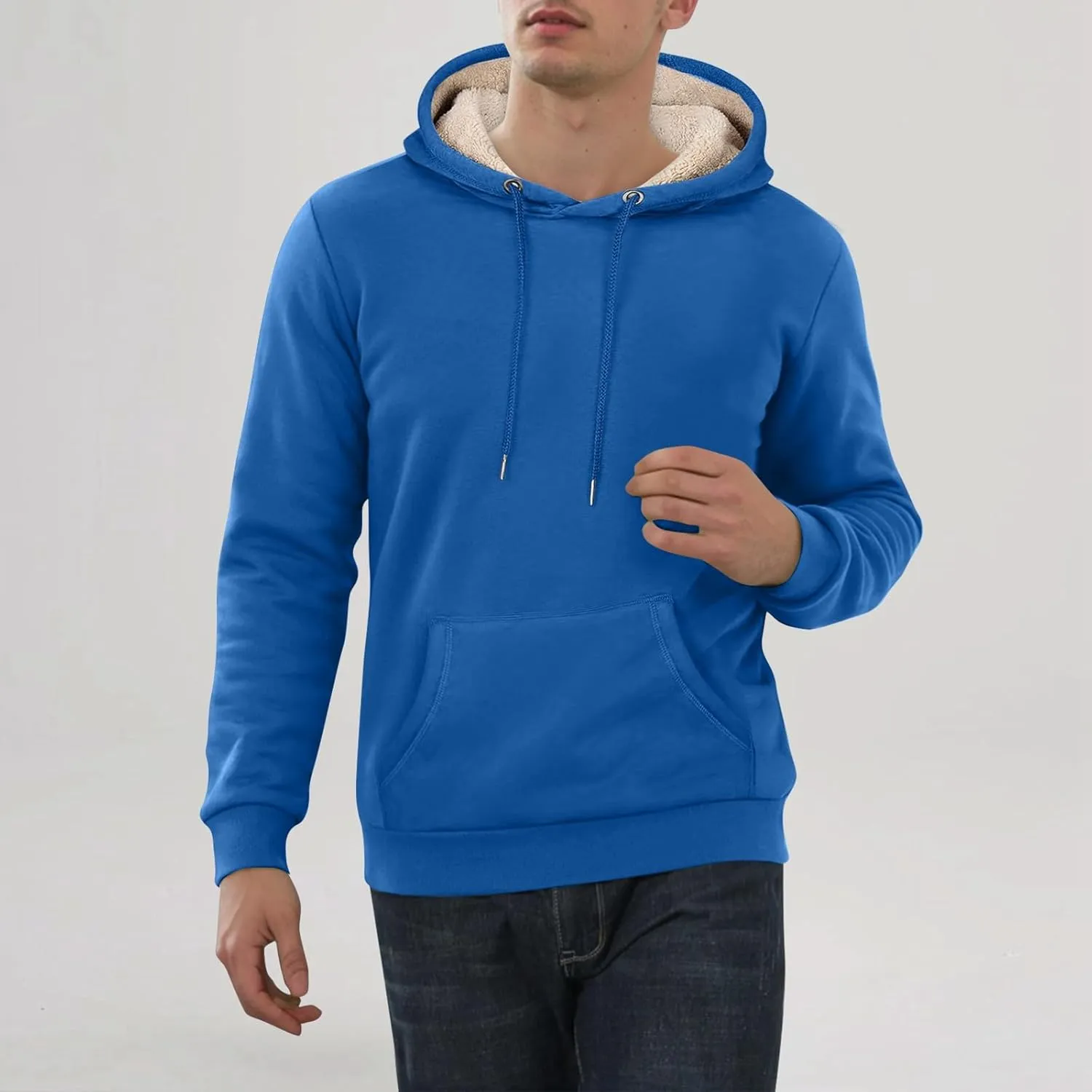 Men's Pullover Heavy Hoodie Sherpa Fleece Lined Kangaroo Pocke Winter Warm Solid Hooded Athletic Sweatshirt