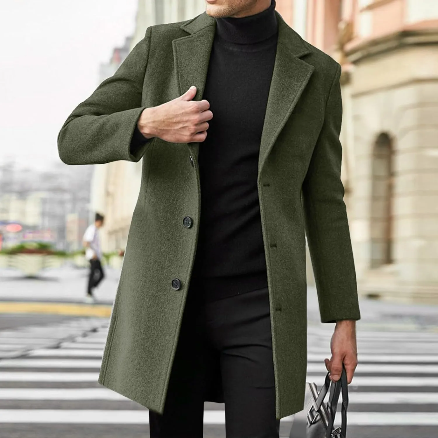 Mens Regular Fit Notched Lapel Trench Coats Big and Tall Single Breasted Pea Coats Warm Windproof Business Overcoats