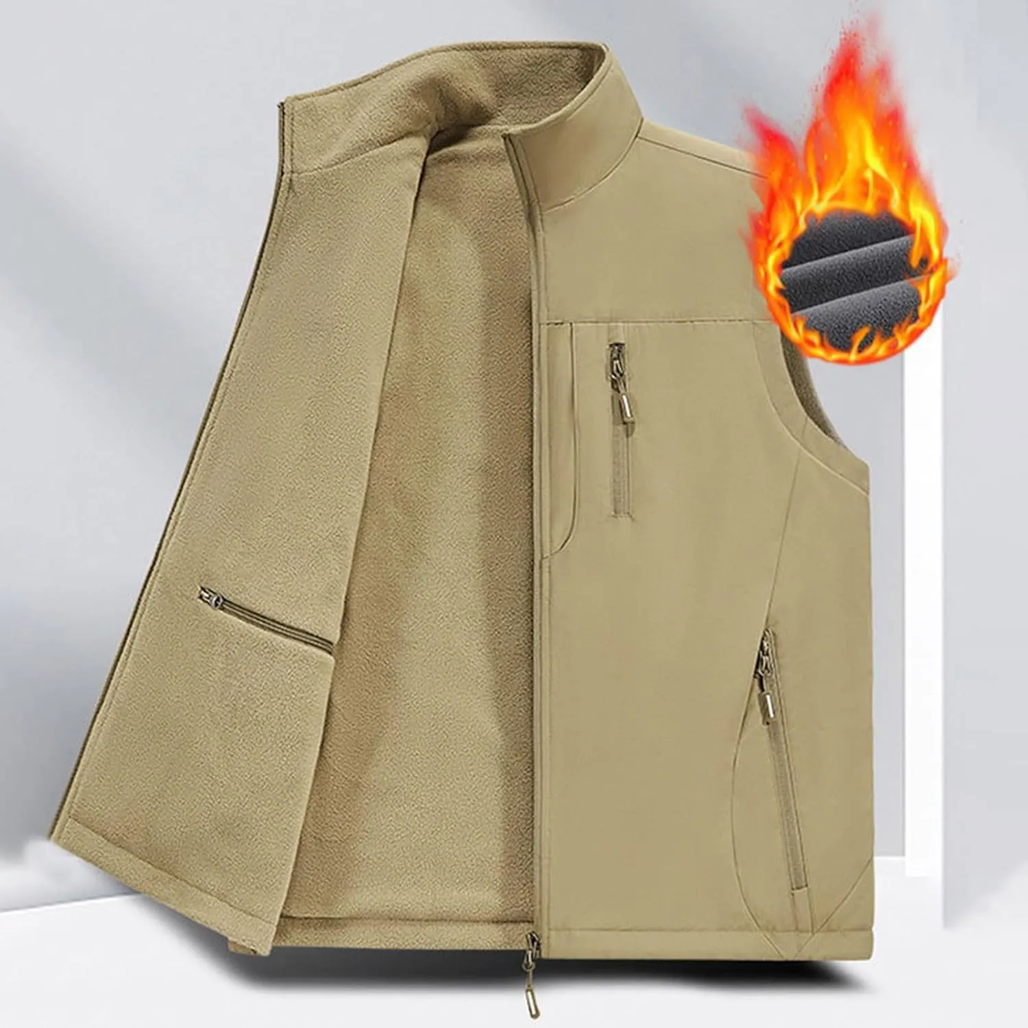 Men's Reversible Casual Vest Stand Collar Flannel Fleece Lined Vest Outdoor Work Windproof Sleeveless Jacket