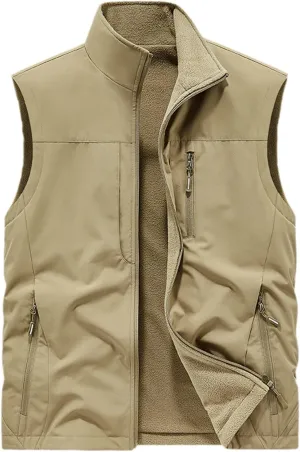 Men's Reversible Casual Vest Stand Collar Flannel Fleece Lined Vest Outdoor Work Windproof Sleeveless Jacket