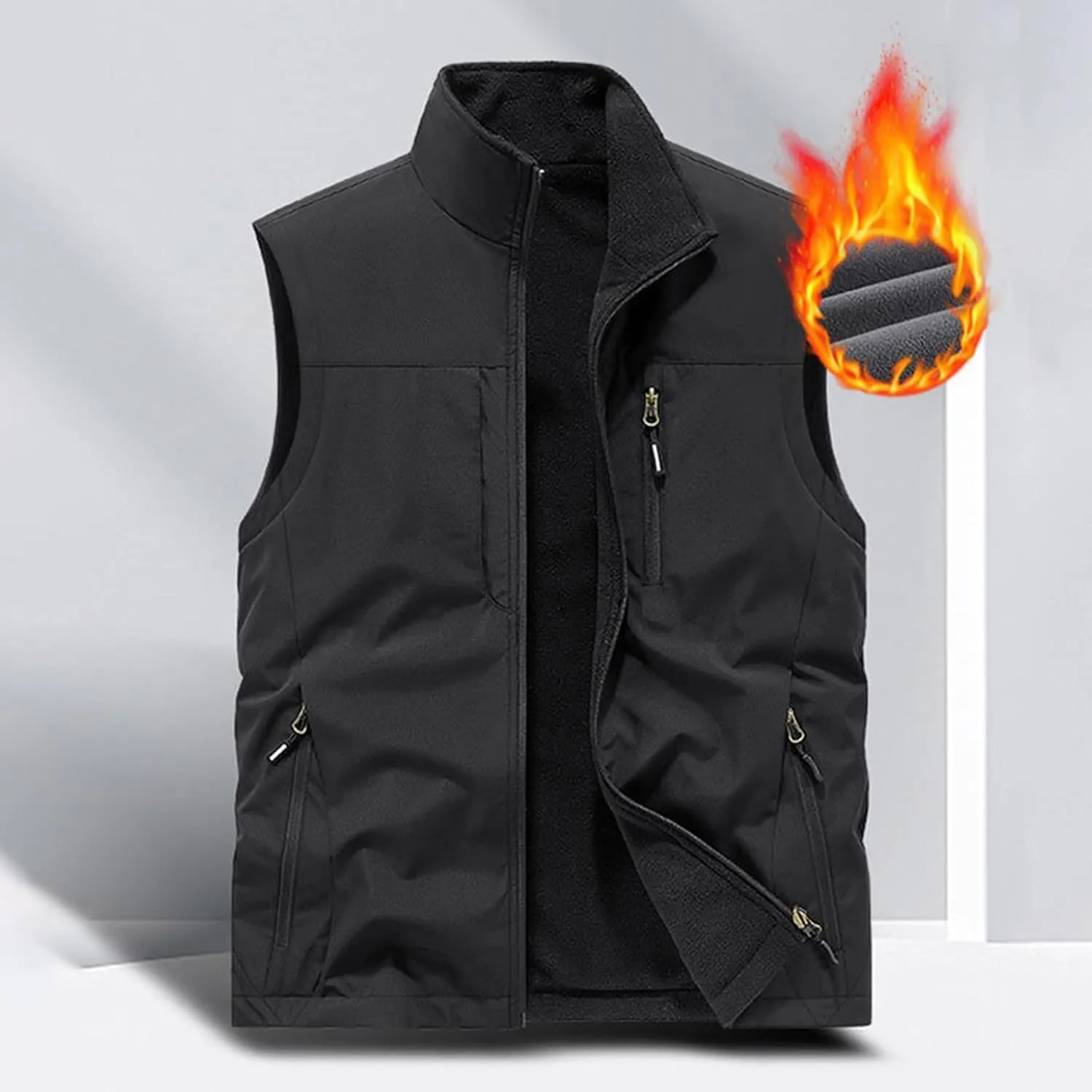 Men's Reversible Casual Vest Stand Collar Flannel Fleece Lined Vest Outdoor Work Windproof Sleeveless Jacket