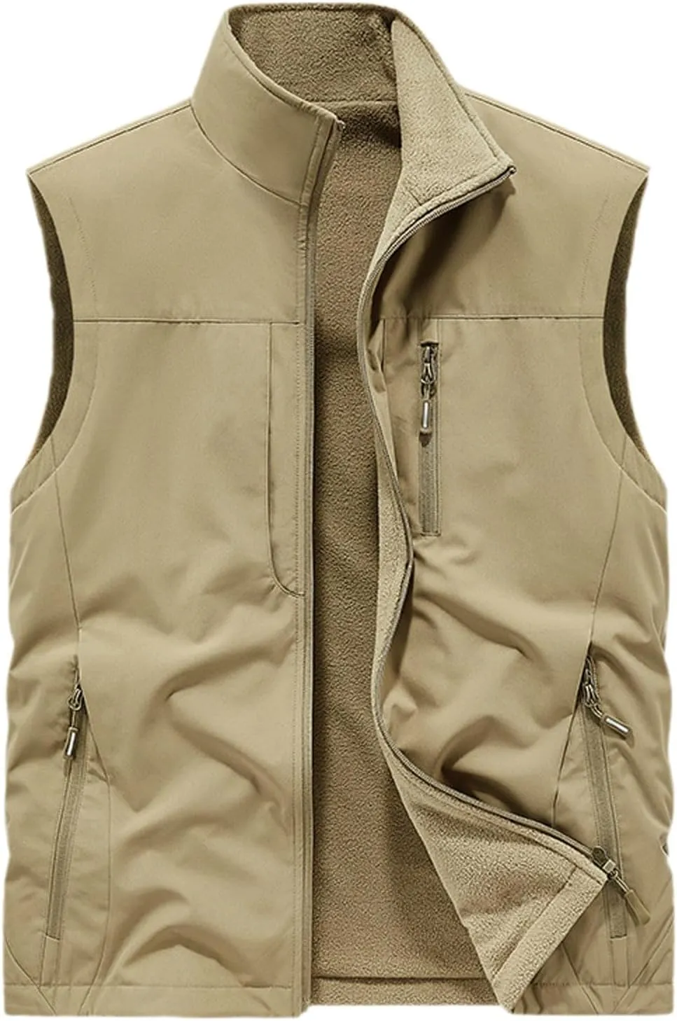 Men's Reversible Casual Vest Stand Collar Flannel Fleece Lined Vest Outdoor Work Windproof Sleeveless Jacket