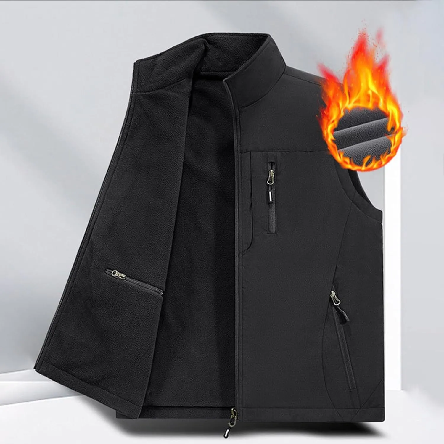 Men's Reversible Casual Vest Stand Collar Flannel Fleece Lined Vest Outdoor Work Windproof Sleeveless Jacket