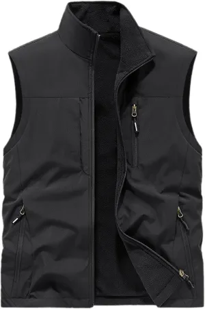 Men's Reversible Casual Vest Stand Collar Flannel Fleece Lined Vest Outdoor Work Windproof Sleeveless Jacket