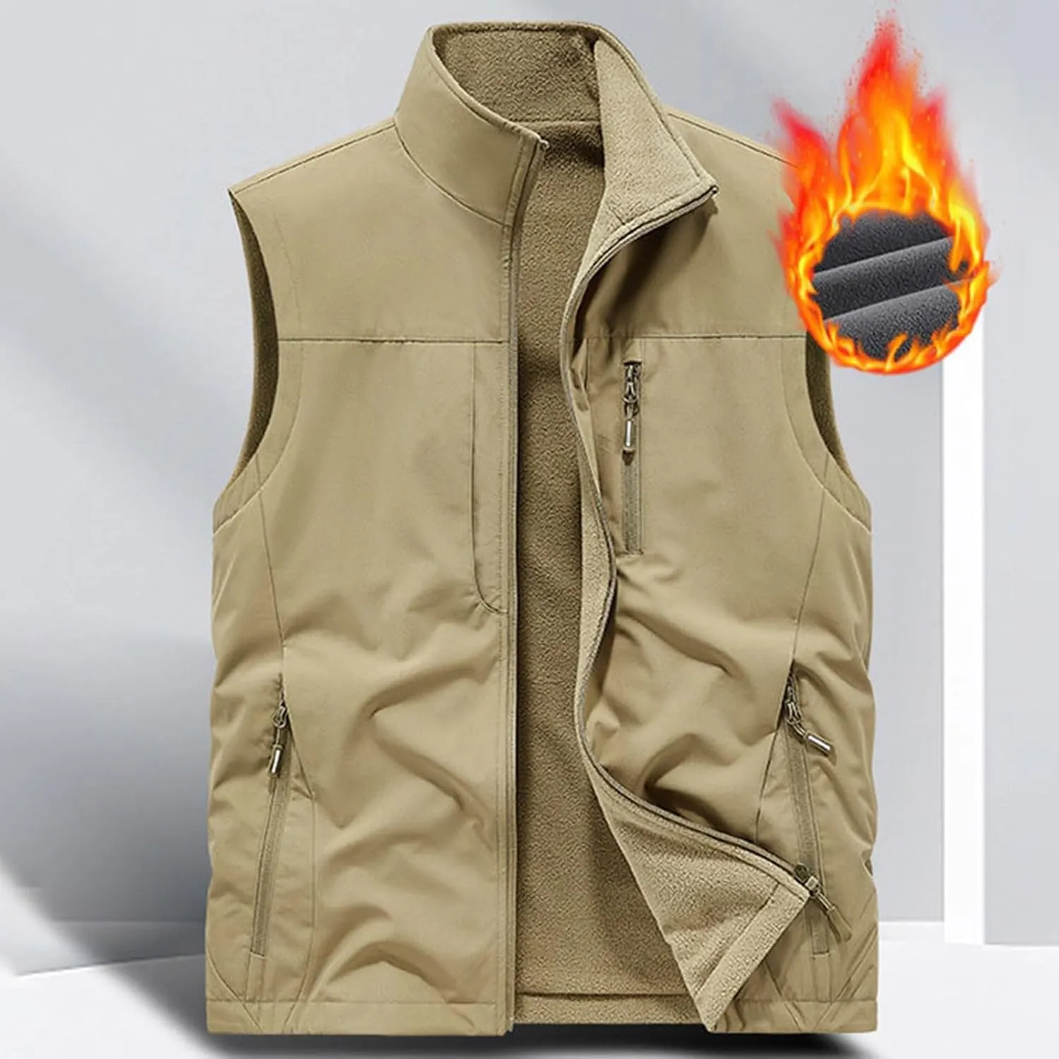 Men's Reversible Casual Vest Stand Collar Flannel Fleece Lined Vest Outdoor Work Windproof Sleeveless Jacket